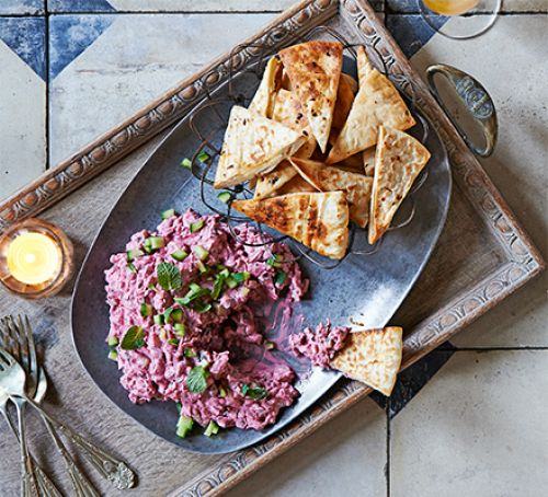 Minty beetroot dip with chilli pitta crisps Recipe