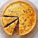 Caramelised onion quiche with cheddar & bacon
