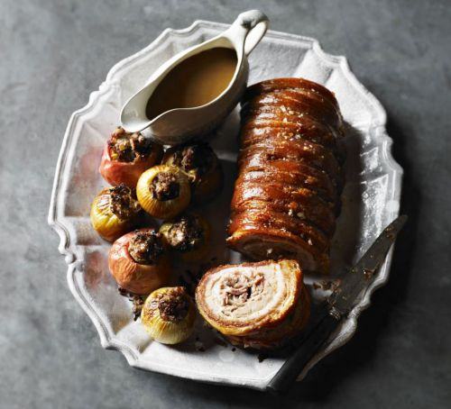 Crackle roast pork with sausage-stuffed apples & onions Recipe