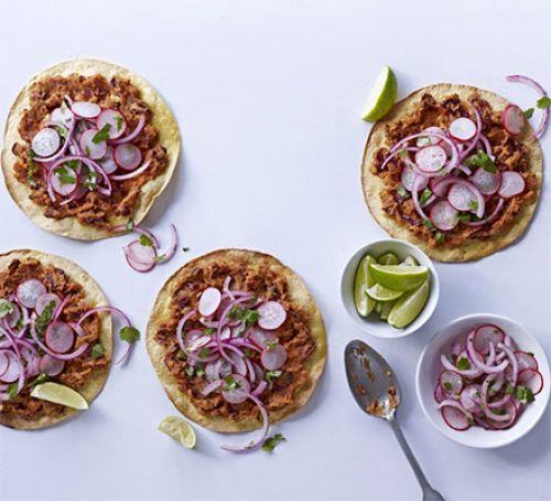 Spicy bean tostadas with pickled onions & radish salad