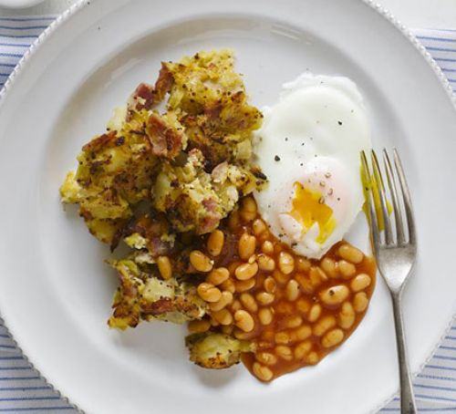 Ham & potato hash with baked beans & healthy 'fried' eggs