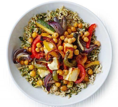 Herby rice with roasted veg, chickpeas & halloumi Recipe