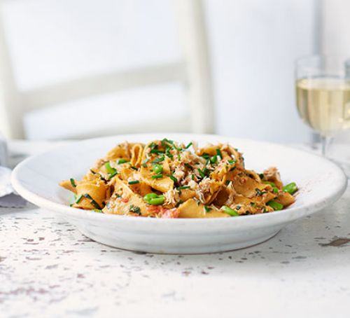 Homemade pappardelle with crab & broad beans Recipe