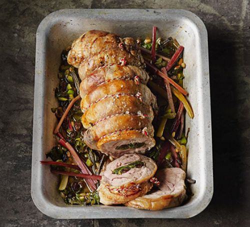 Chard-stuffed roast lamb