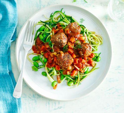 Meatballs with fennel & balsamic beans & courgette noodles