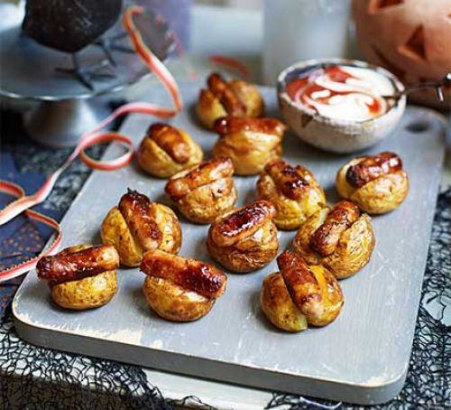 Halloween mini baked potatoes with sticky sausages Recipe