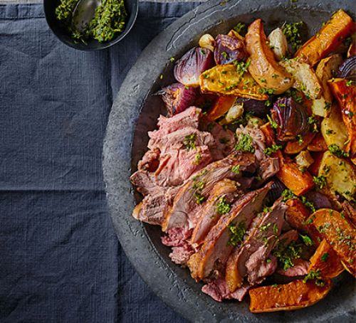Moroccan roast lamb with roasted roots & coriander