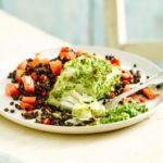Pesto-crusted cod with Puy lentils