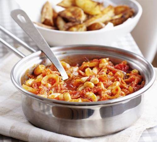 Better-than-baked beans with spicy wedges Recipe