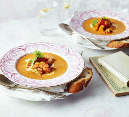 Seared garlic seafood with spicy harissa bisque Recipe