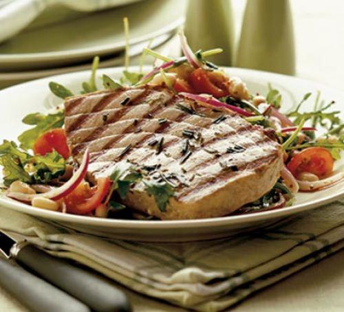 Griddled tuna with bean & tomato salad Recipe