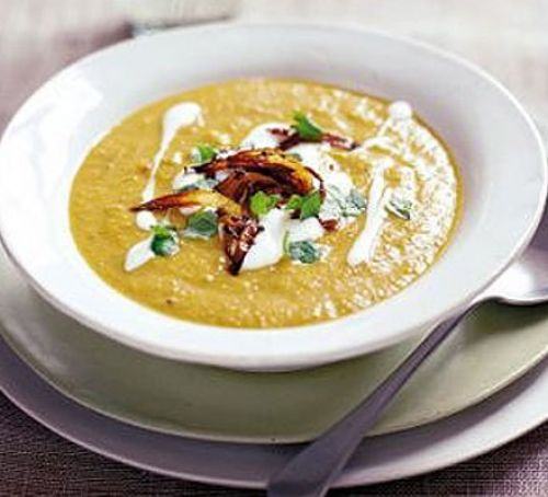 Spiced root soup with crisp spiced onions