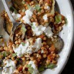 Grilled aubergines with spicy chickpeas & walnut sauce