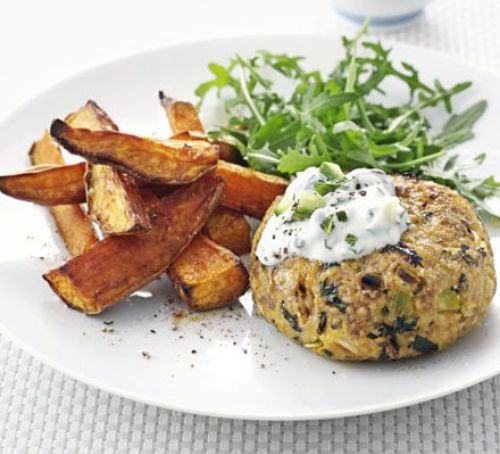 Lighter lamb burgers with smoky oven chips Recipe