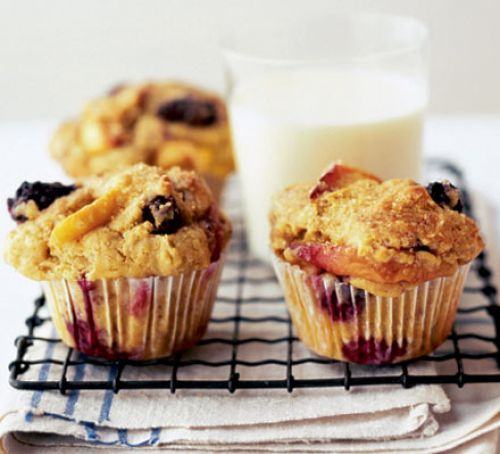 Blueberry, peach & soured cream muffins
