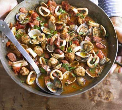 Spanish meatballs with clams, chorizo & squid