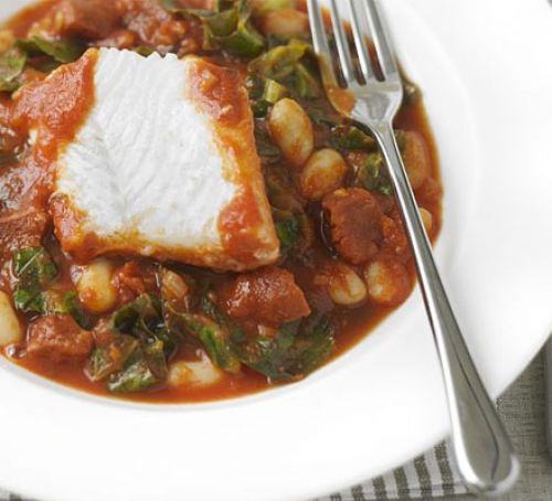 White fish with spicy beans and chorizo Recipe