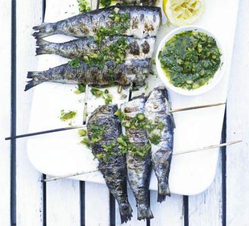 Skewered sardines with tartare dressing Recipe