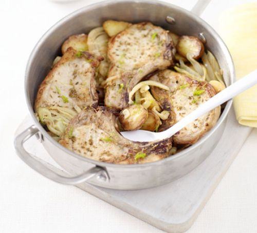 Herby garlic rolled pork with apple salad Recipe