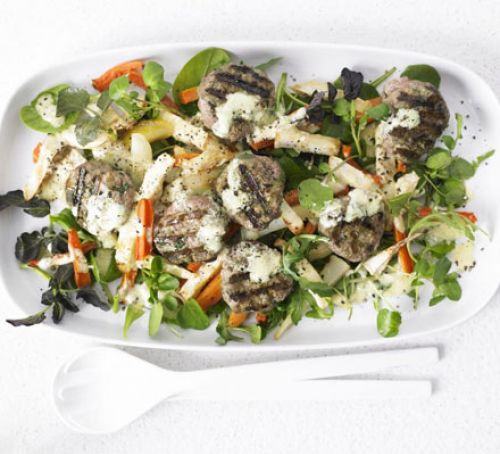 Turkey patty & roasted root salad with Parmesan dressing Recipe