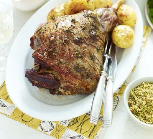 Roast lamb with spring herb crumbs Recipe