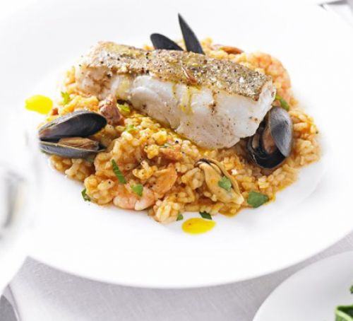 Roast cod with paella & saffron olive oil Recipe