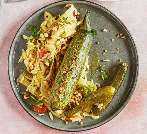 Slow-roasted courgettes with fennel & orzo Recipe