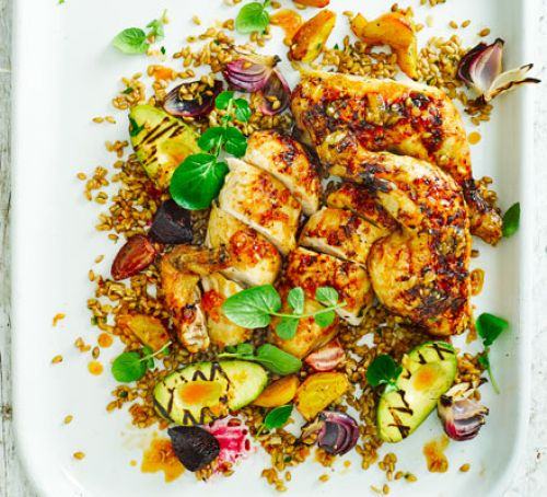 Sticky citrus chicken with griddled avocado & beet salad