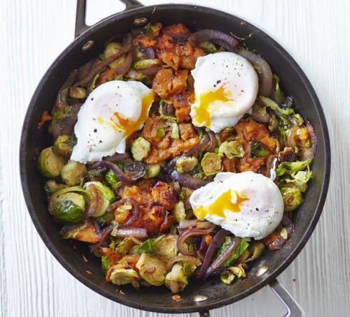 Sweet potato & sprout hash with poached eggs